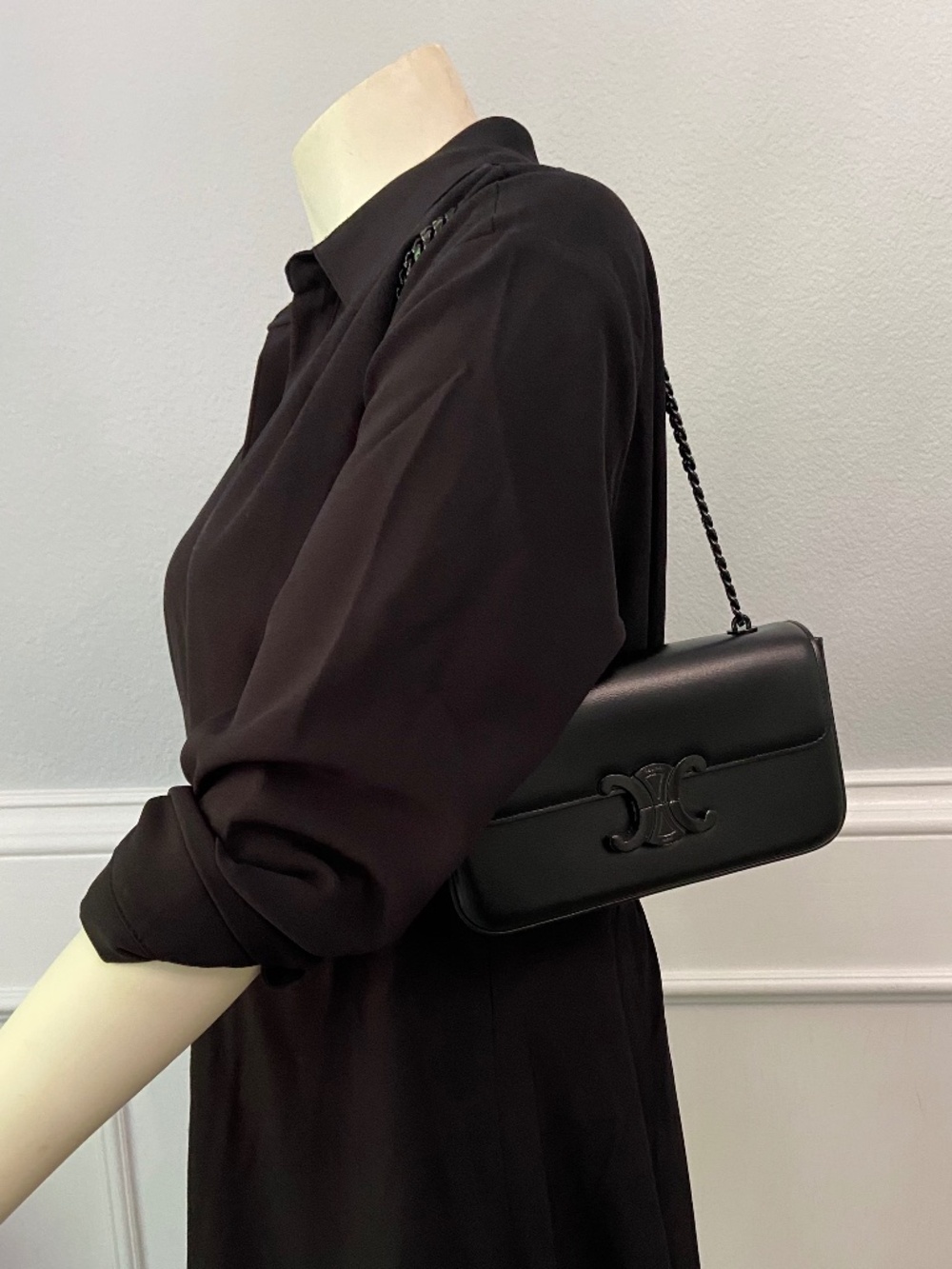 Auth Celine Leather Black on Black Triomphe Bag Chain Strap Black Metal Hardware - Picture 17 of 17